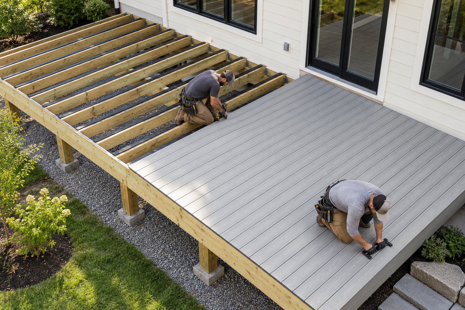 Composite board installation: From exposed framing to a light-gray finish