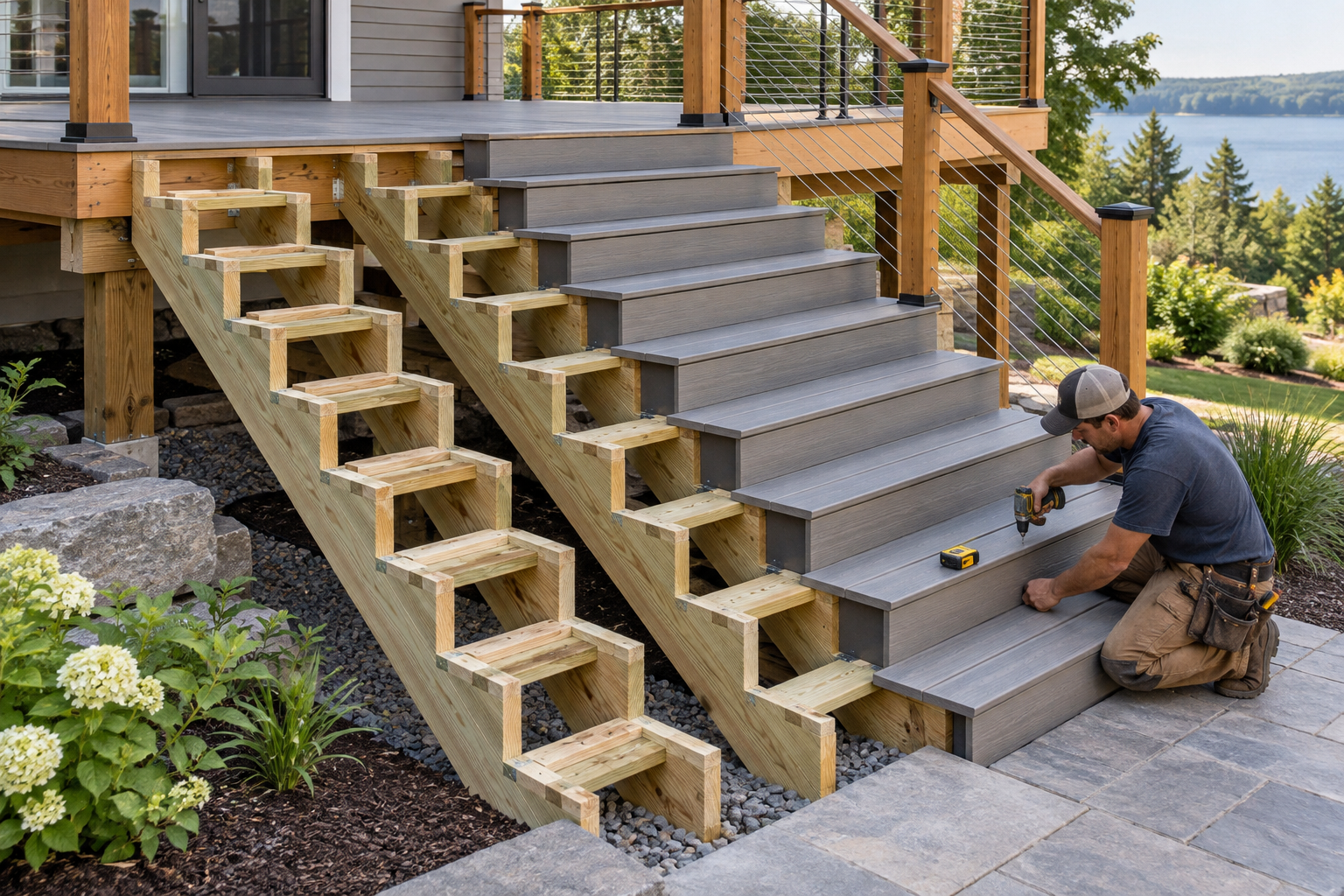 Deck stair construction: Stringers, supports & composite stair treads
