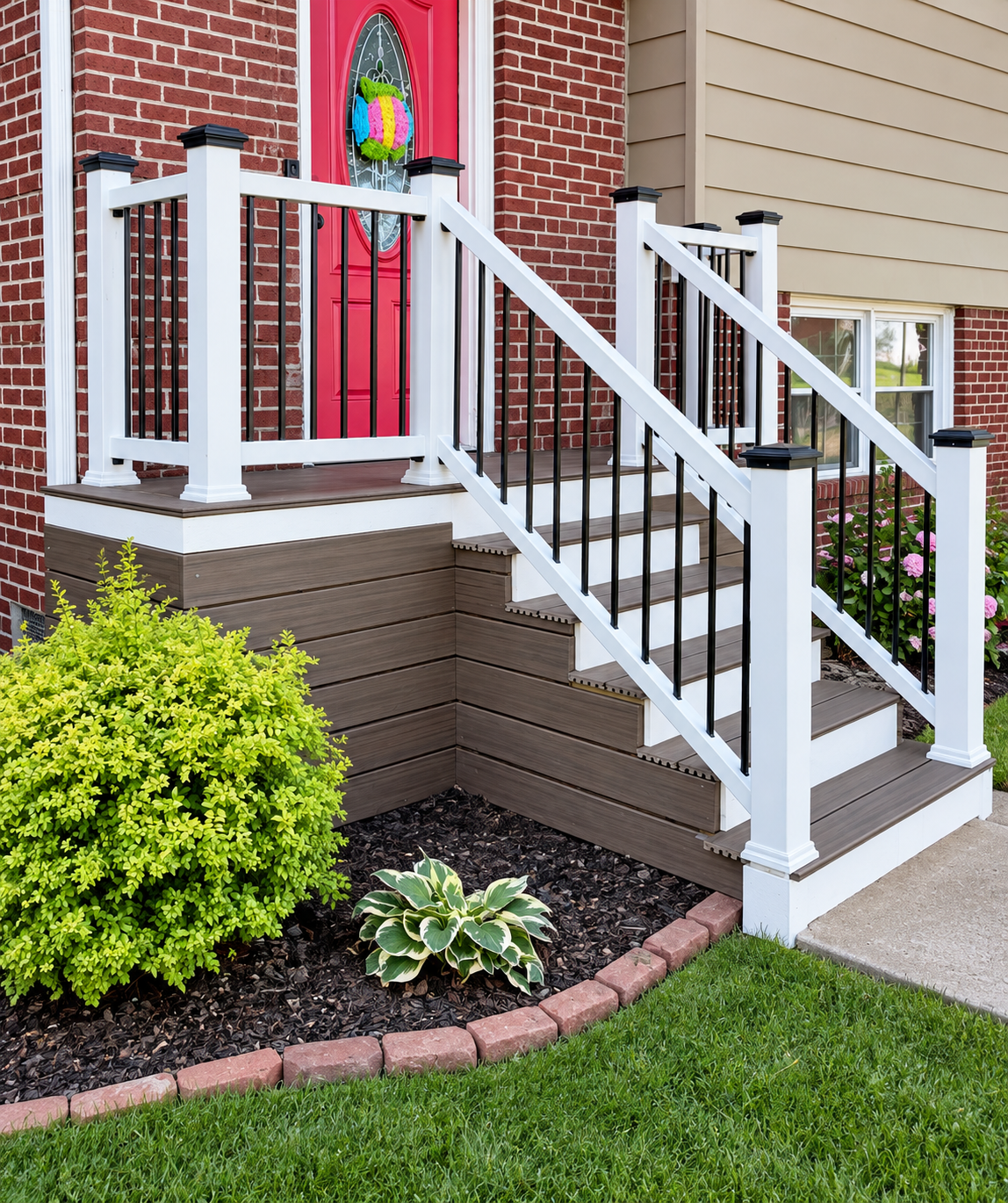 Entry stairs & railing details: Side view of the treads, risers, trim & railing