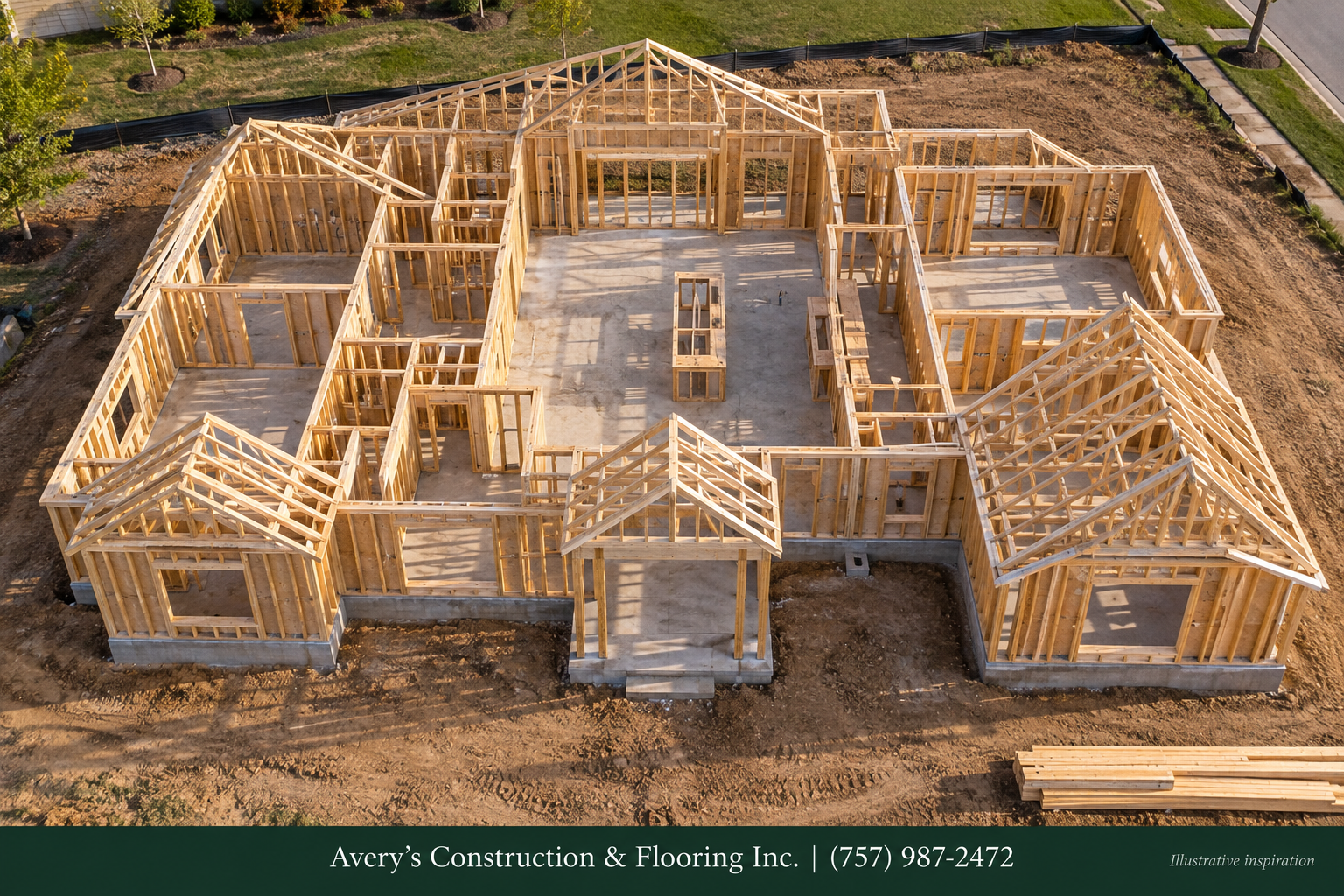 Wood-framed home from above; Bird’s-eye concept · room layout and framing