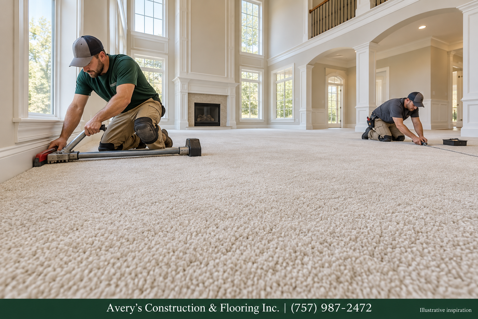 two workers installing plush ivory carpet in a spacious unfurnished luxury living room