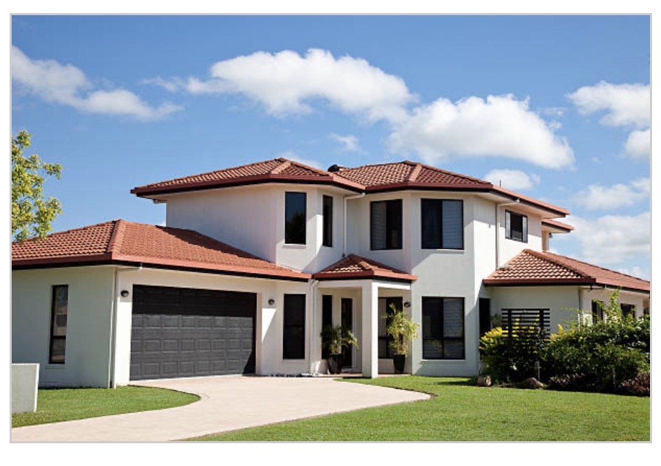 Two-story home inspiration: Light exterior, red roof & a covered entry